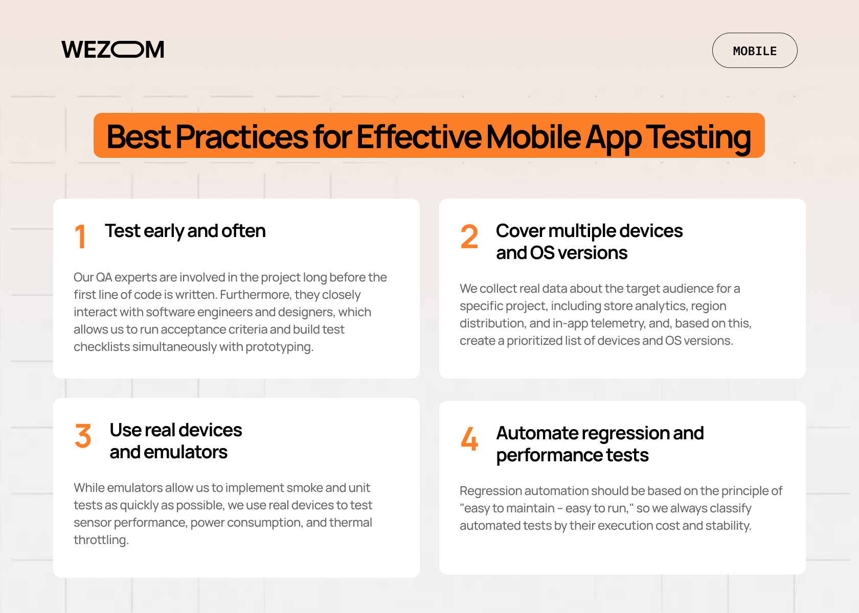 Best practices for effective mobile app testing outlining testing strategies like early testing, covering OS versions, using real devices, and automated mobile testing. Best practices for effective mobile app testing outlining testing strategies like early testing, covering OS versions, using real devices, and automated mobile testing.
